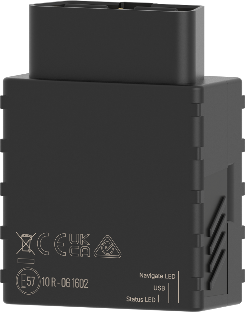 CT-V08 plug-in OBD vehicle tracker — angled view of the black case with the OBD-II plug on top