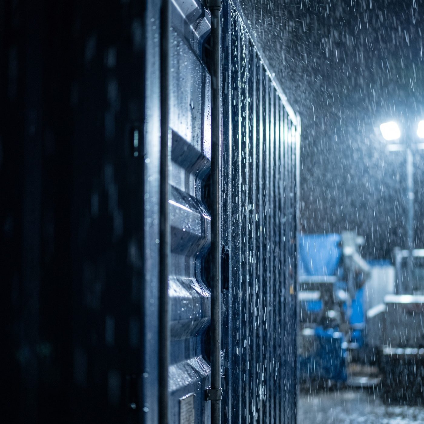 Heavy rain running down a shipping container at night