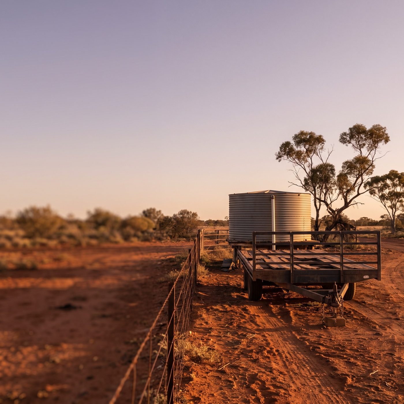 A trailer parked beside a water tank on a remote station at dusk