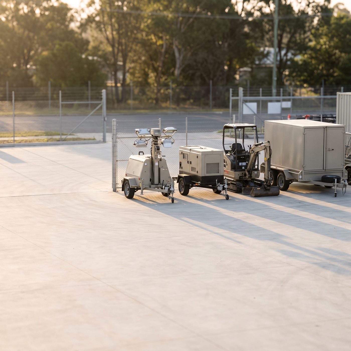 A lighting tower, a generator, a mini excavator and a box trailer lined up in a hire yard