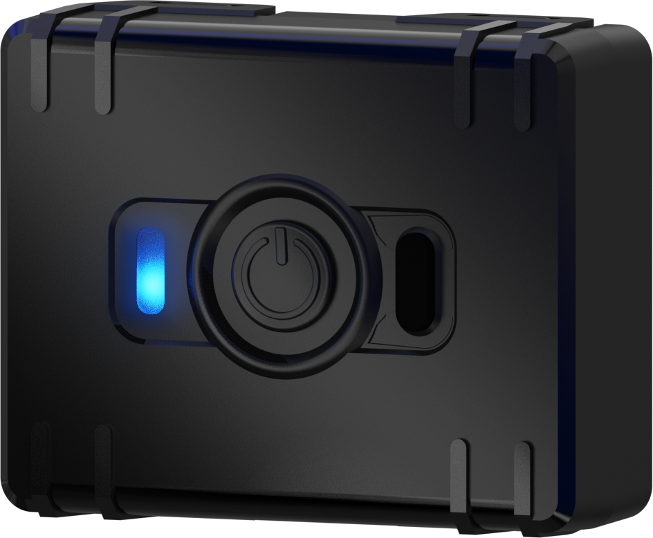 CT-A07 mini asset tracker — angled view of the black case with its button and status light
