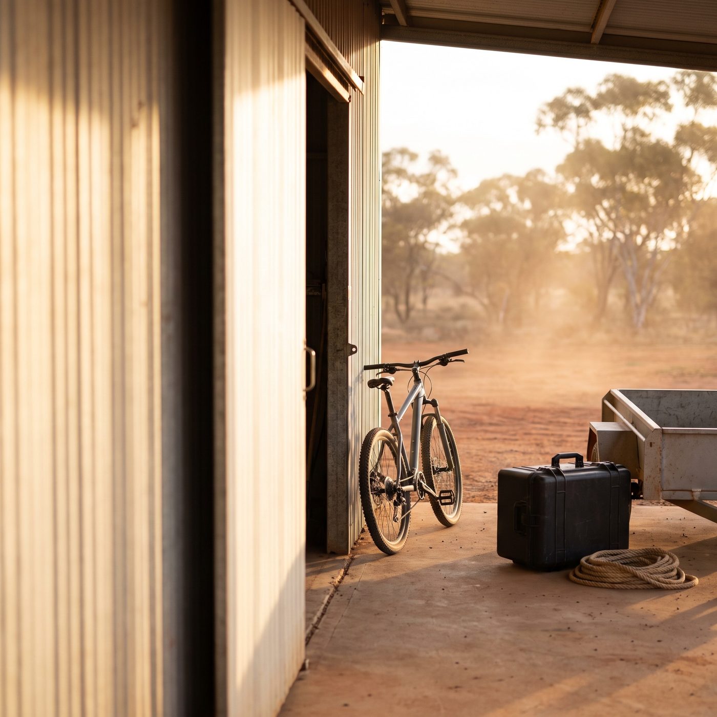 A bike, a hard case and a box trailer outside a shed at sunset