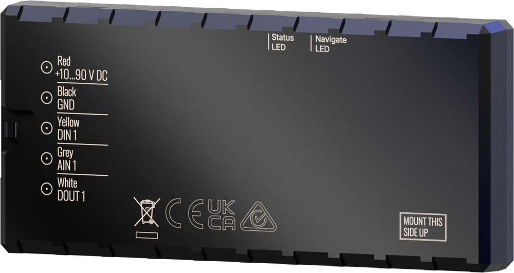 CT-V06 hardwired vehicle tracker — angled view of the slim black case and wire-colour label