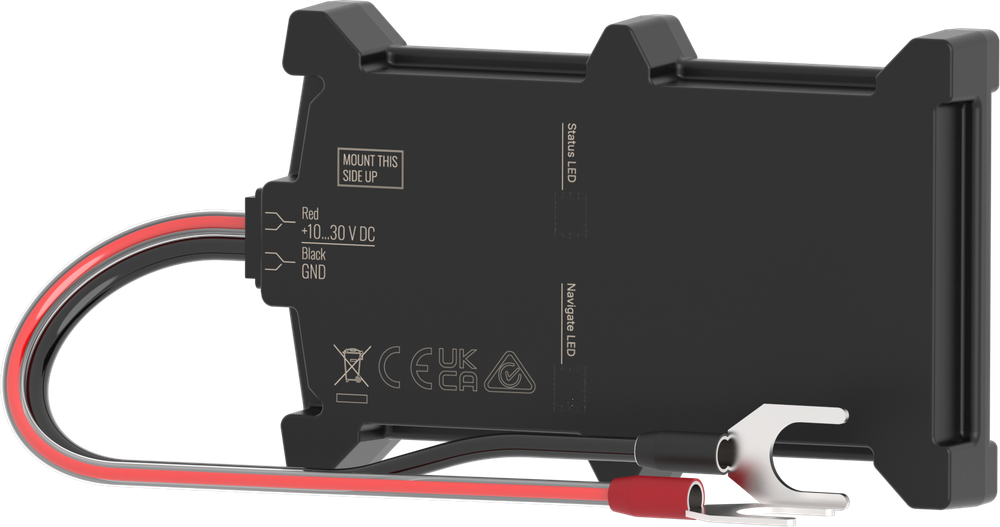 CT-V09 battery-mount tracker — angled view of the slim case, power lead and fork terminals