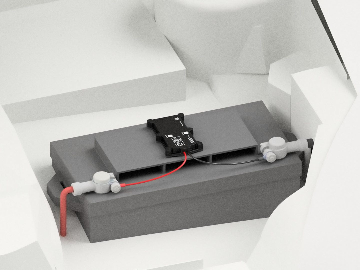 CT-V09 battery-mount tracker fitted on top of a vehicle battery, its red wire on the positive terminal and its black wire on the negative