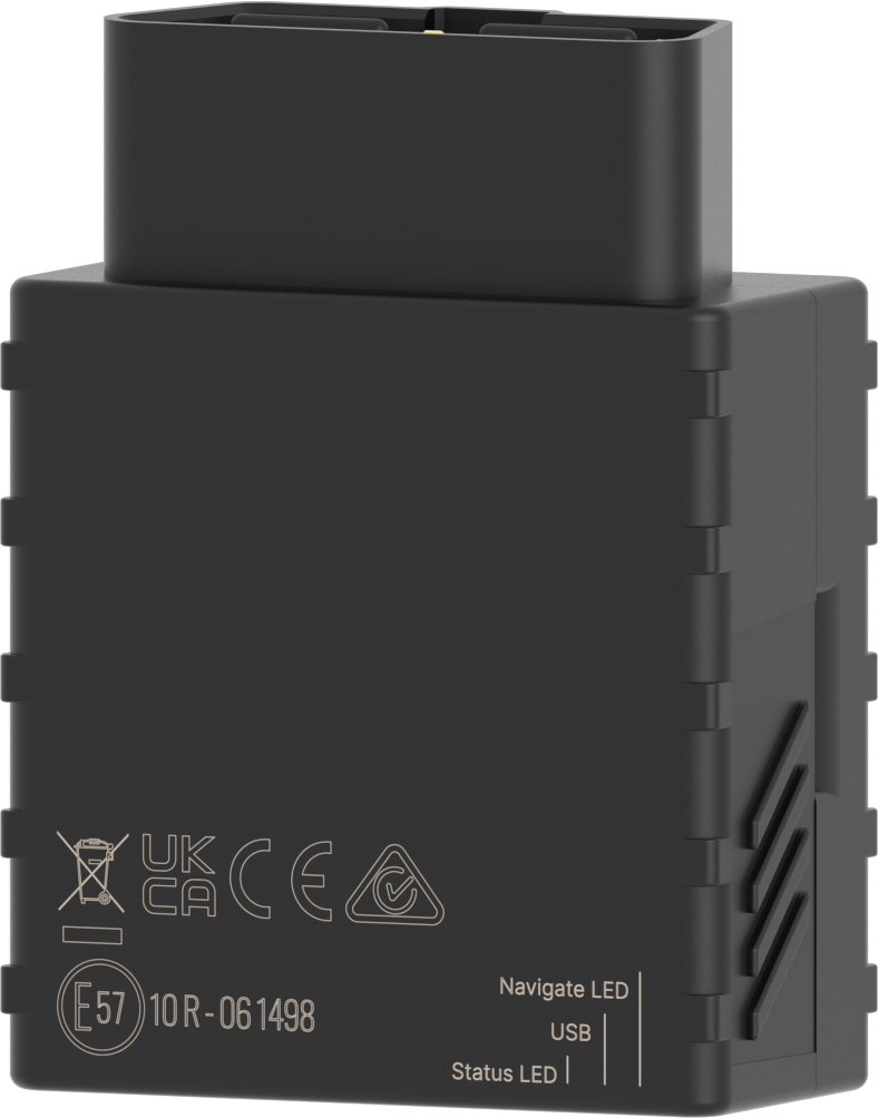 CT-V10 OBD plug-in tracker — angled view of the black case with the OBD-II plug on top