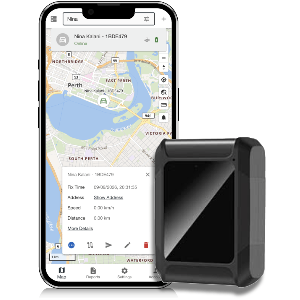 CT-A03 asset tracker beside the Open Platform live map on a phone