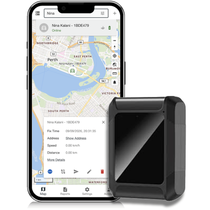 CT-A03 asset tracker beside the Open Platform live map on a phone