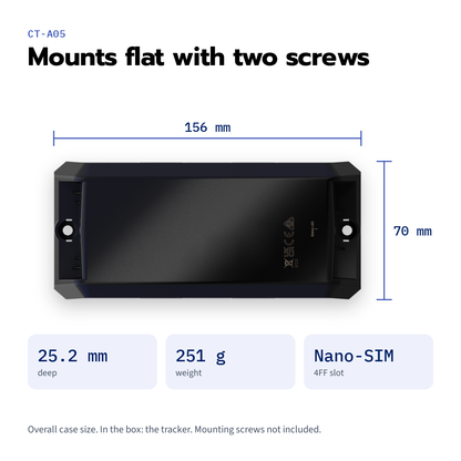 CT-A05 long-life asset tracker — case marked 156 × 70 mm, 25.2 mm deep, 251 g, nano-SIM slot