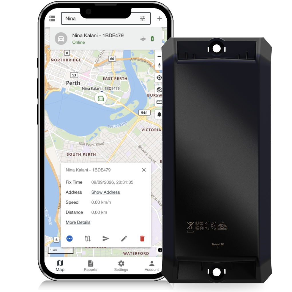 CT-A05 long-life asset tracker beside the Open Platform live map on a phone