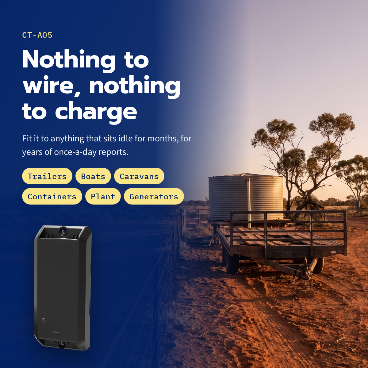 CT-A05 long-life asset tracker — for trailers, boats, caravans, containers and plant, with a trailer on a remote station