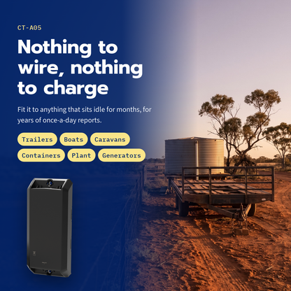 CT-A05 long-life asset tracker — for trailers, boats, caravans, containers and plant, with a trailer on a remote station