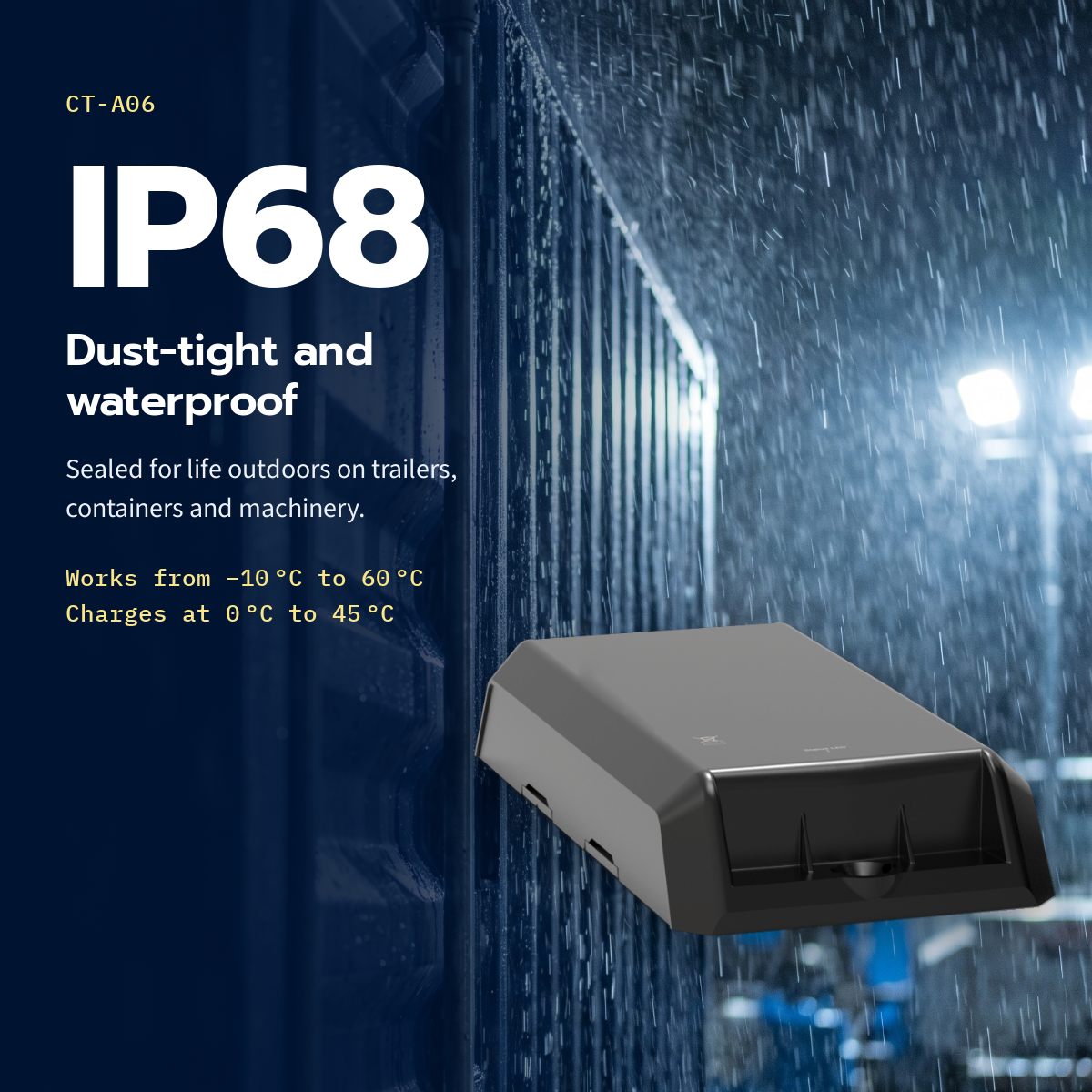 CT-A06 rechargeable asset tracker — IP68 case in rain on a container, works from –10 °C to 60 °C, charges at 0 °C to 45 °C