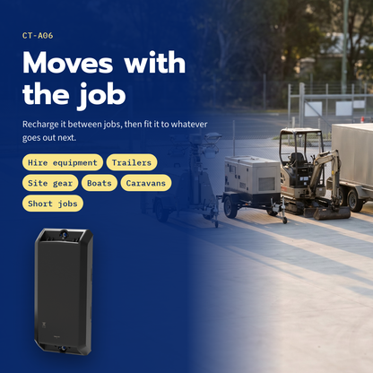 CT-A06 rechargeable asset tracker — moves between hire equipment, trailers, site gear and boats, in an equipment-hire yard