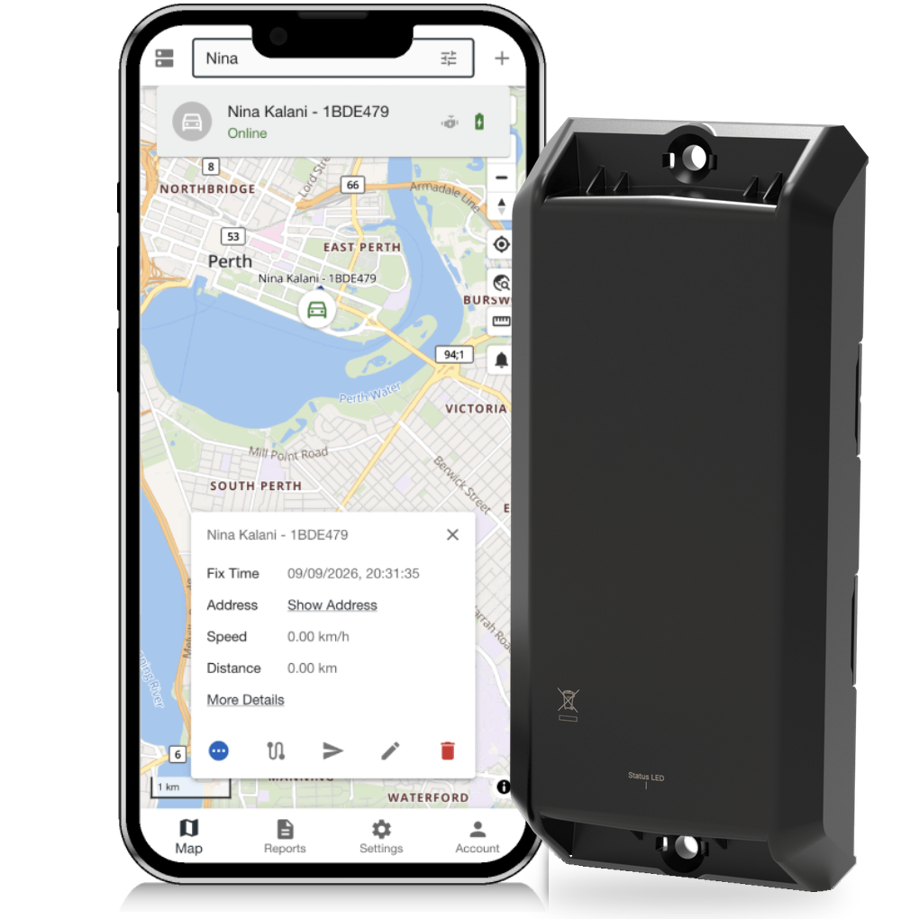 CT-A06 rechargeable asset tracker beside the Open Platform live map on a phone