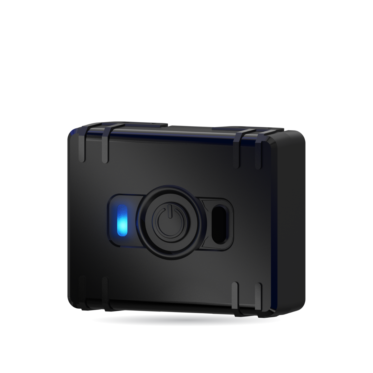 CT-A07 mini asset tracker — angled view of the black case with its button and status light
