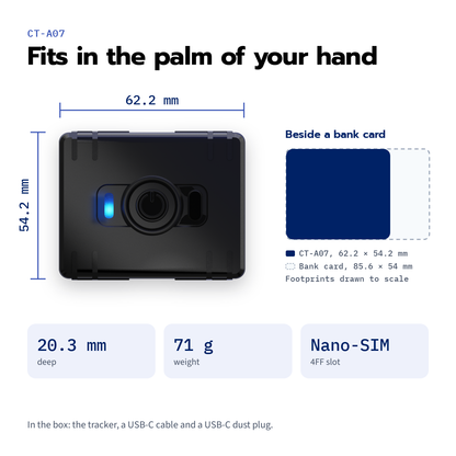 CT-A07 mini asset tracker — 62.2 × 54.2 mm, 20.3 mm deep, 71 g, with its footprint beside a bank card