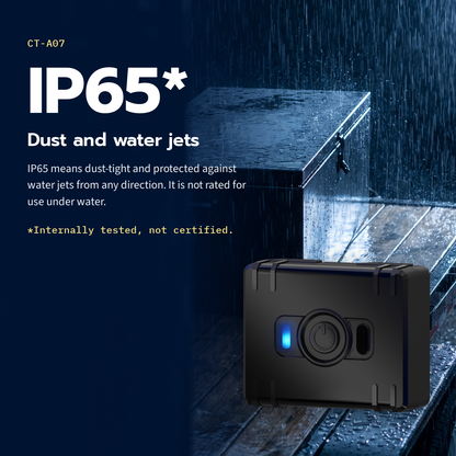 CT-A07 mini asset tracker — IP65 in internal testing, not certified: dust-tight and protected against water jets