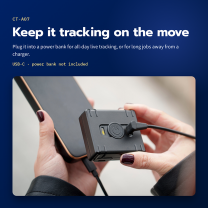 CT-A07 mini asset tracker running from a power bank over USB-C for all-day live tracking