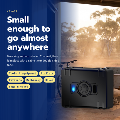 CT-A07 mini asset tracker — small enough for tools, equipment, trailers, caravans, machinery, bikes, bags and cases
