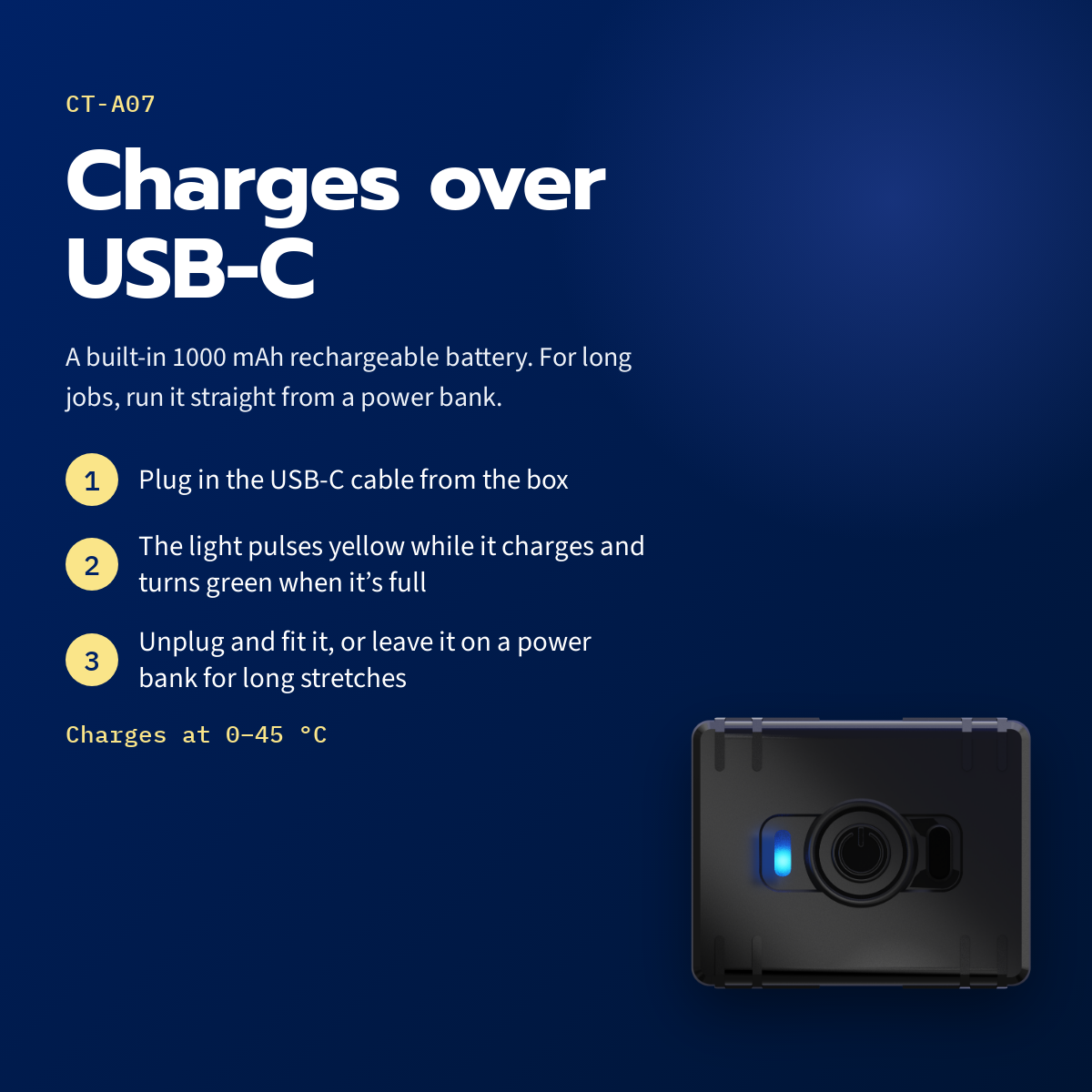 CT-A07 mini asset tracker — charges over USB-C; the light pulses yellow while charging and turns green when full