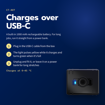 CT-A07 mini asset tracker — charges over USB-C; the light pulses yellow while charging and turns green when full
