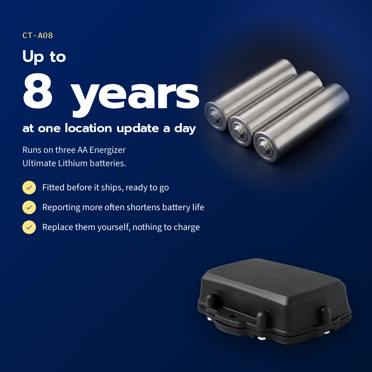 CT-A08 rugged asset tracker — up to 8 years at one location update a day on three AA Energizer Ultimate Lithium batteries