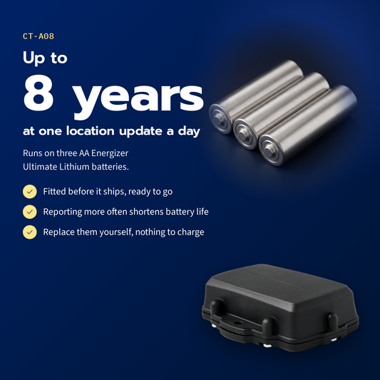 CT-A08 rugged asset tracker — up to 8 years at one location update a day on three AA Energizer Ultimate Lithium batteries