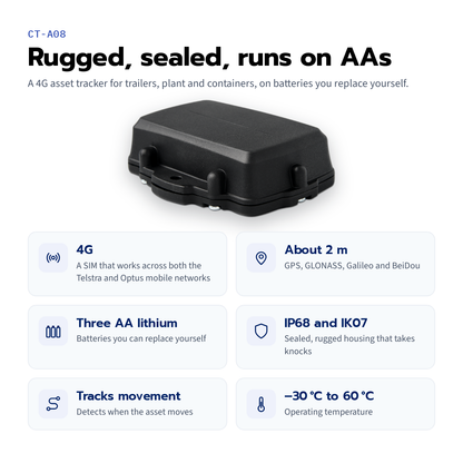 CT-A08 rugged asset tracker — 4G, about 2 m positioning, AA lithium cells, IP68 and IK07, movement tracking, –30 °C to 60 °C