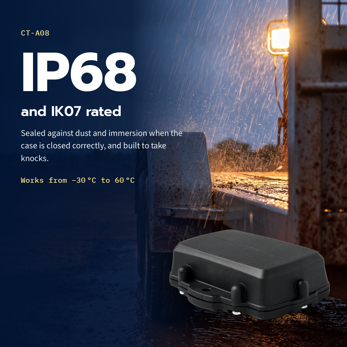 CT-A08 rugged asset tracker — IP68 and IK07 rated sealed housing, shown in the rain beside a muddy trailer