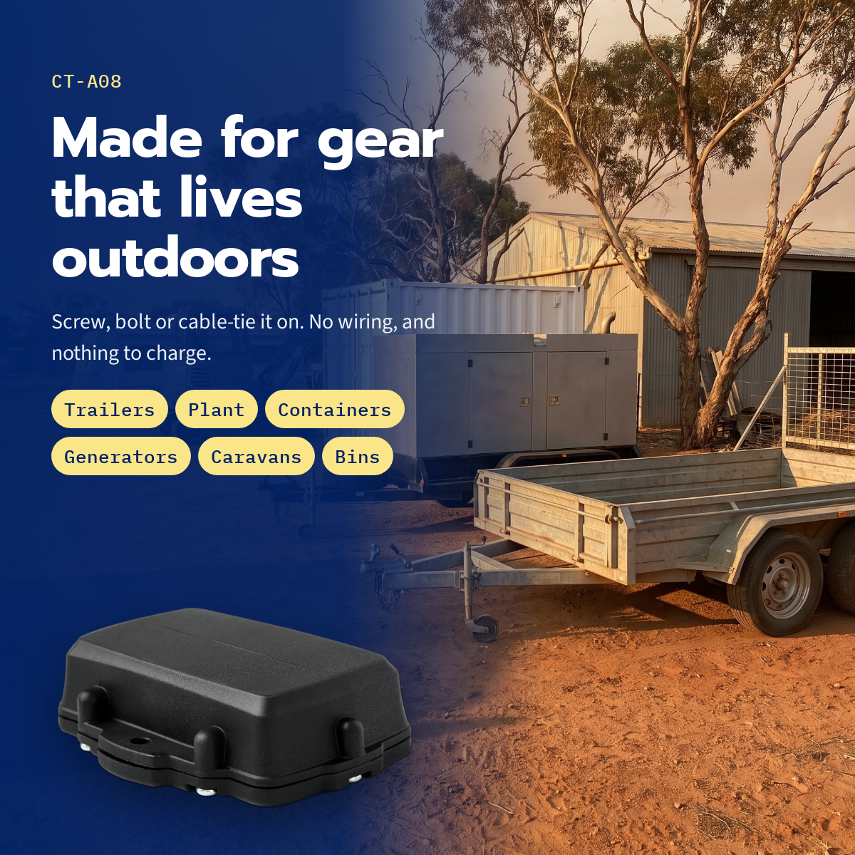 CT-A08 rugged asset tracker — use cases over a red-dirt yard with a trailer, generator and container