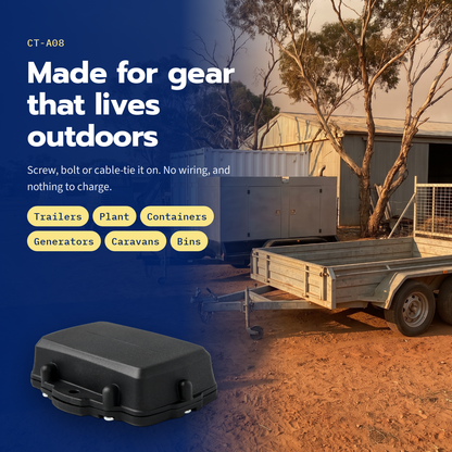 CT-A08 rugged asset tracker — use cases over a red-dirt yard with a trailer, generator and container