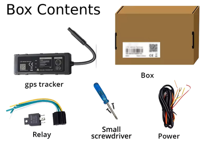 CT-V03 wired vehicle tracker — box contents: tracker, wiring loom, relay, screwdriver and screws