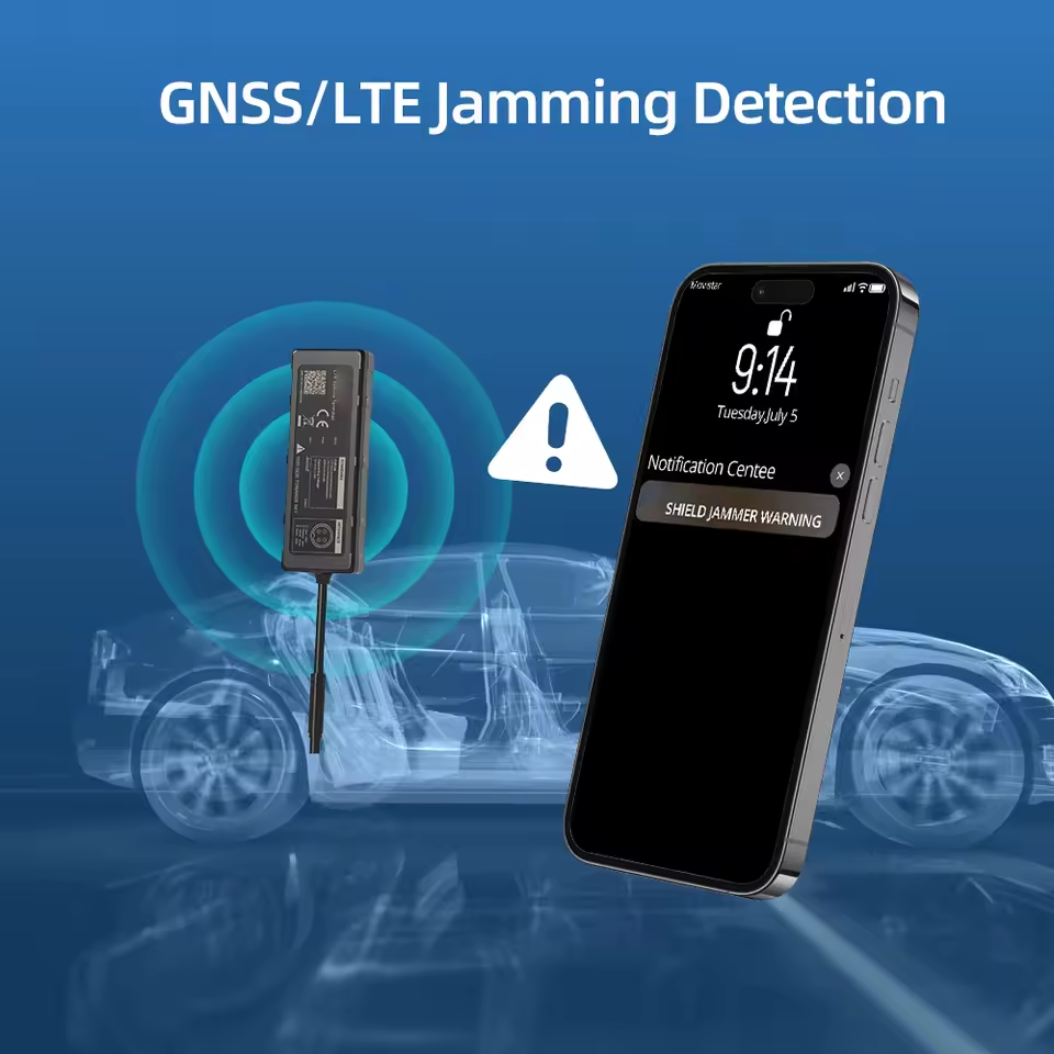 CT-V03 wired vehicle tracker — GNSS and LTE jamming detection sending a warning to a phone