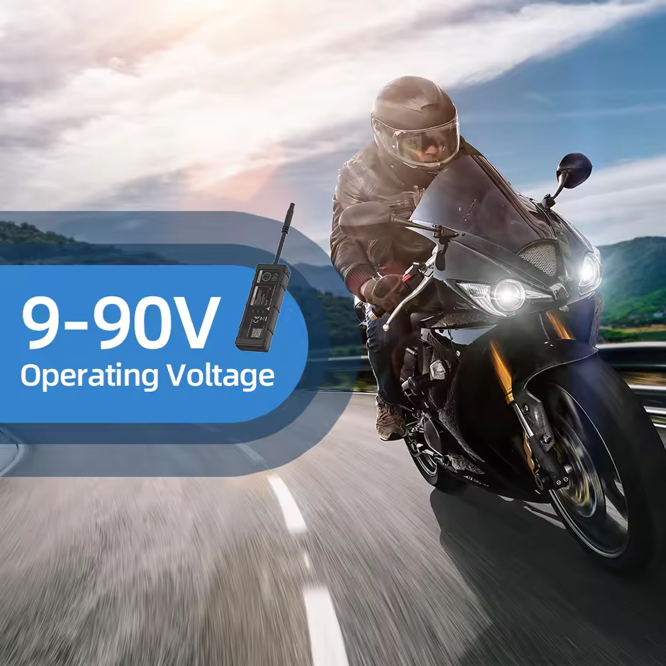 CT-V03 wired vehicle tracker — 9 to 90 volt operating range shown with a motorcycle on the road