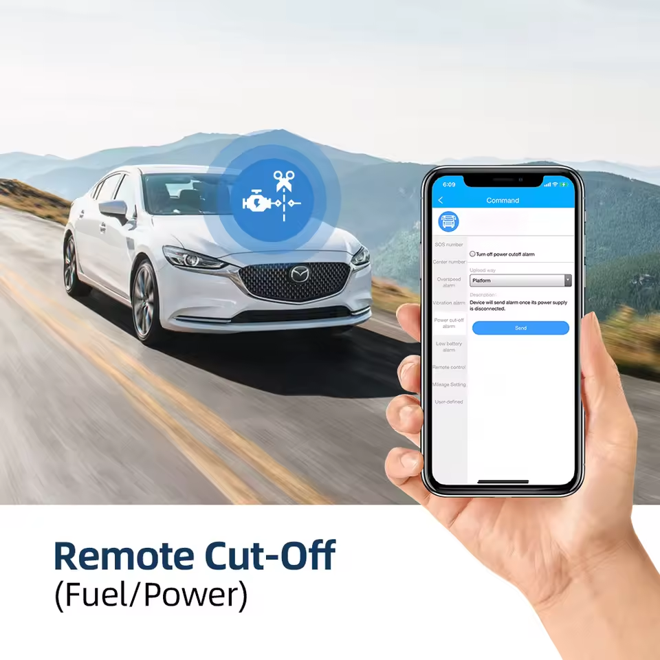 CT-V03 wired vehicle tracker — remote fuel or power cut-off sent from a phone to a car on the road