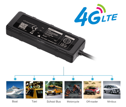 CT-V03 wired vehicle tracker — fitment examples including boat, taxi, bus, motorcycle, 4WD and minibus