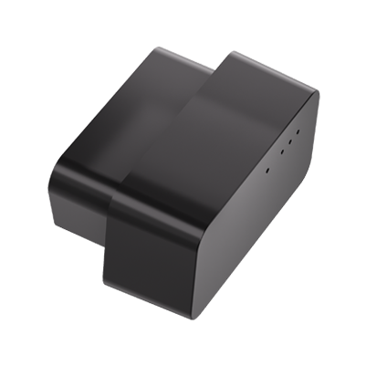 CT-V05 compact OBD GPS tracker — angled view of the plug housing with side status LEDs
