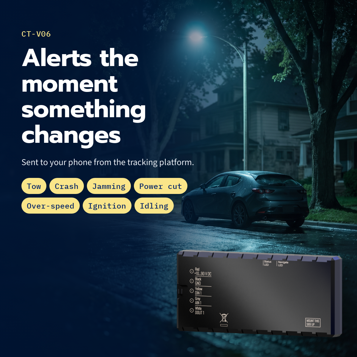 CT-V06 hardwired vehicle tracker — tow, crash, jamming, power-cut, over-speed, ignition and idling alerts