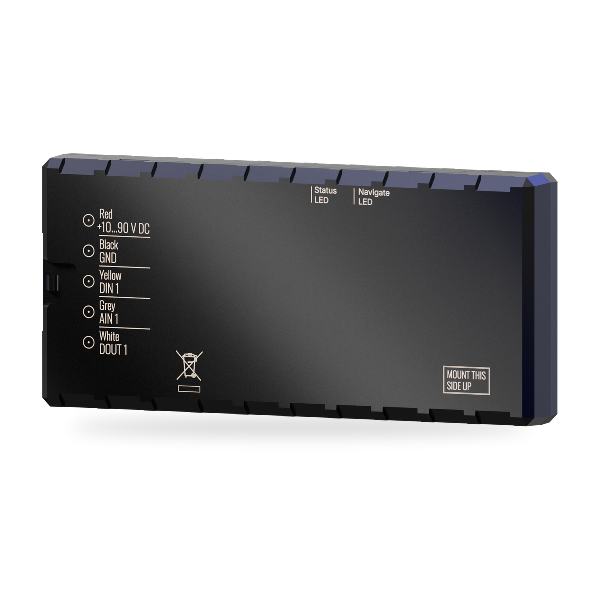 CT-V06 hardwired vehicle tracker — angled view of the slim black case and wire-colour label