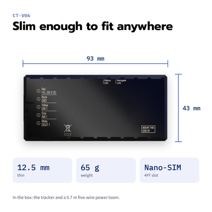 CT-V06 hardwired vehicle tracker — label face marked 93 × 43 mm, 12.5 mm thin, 65 g
