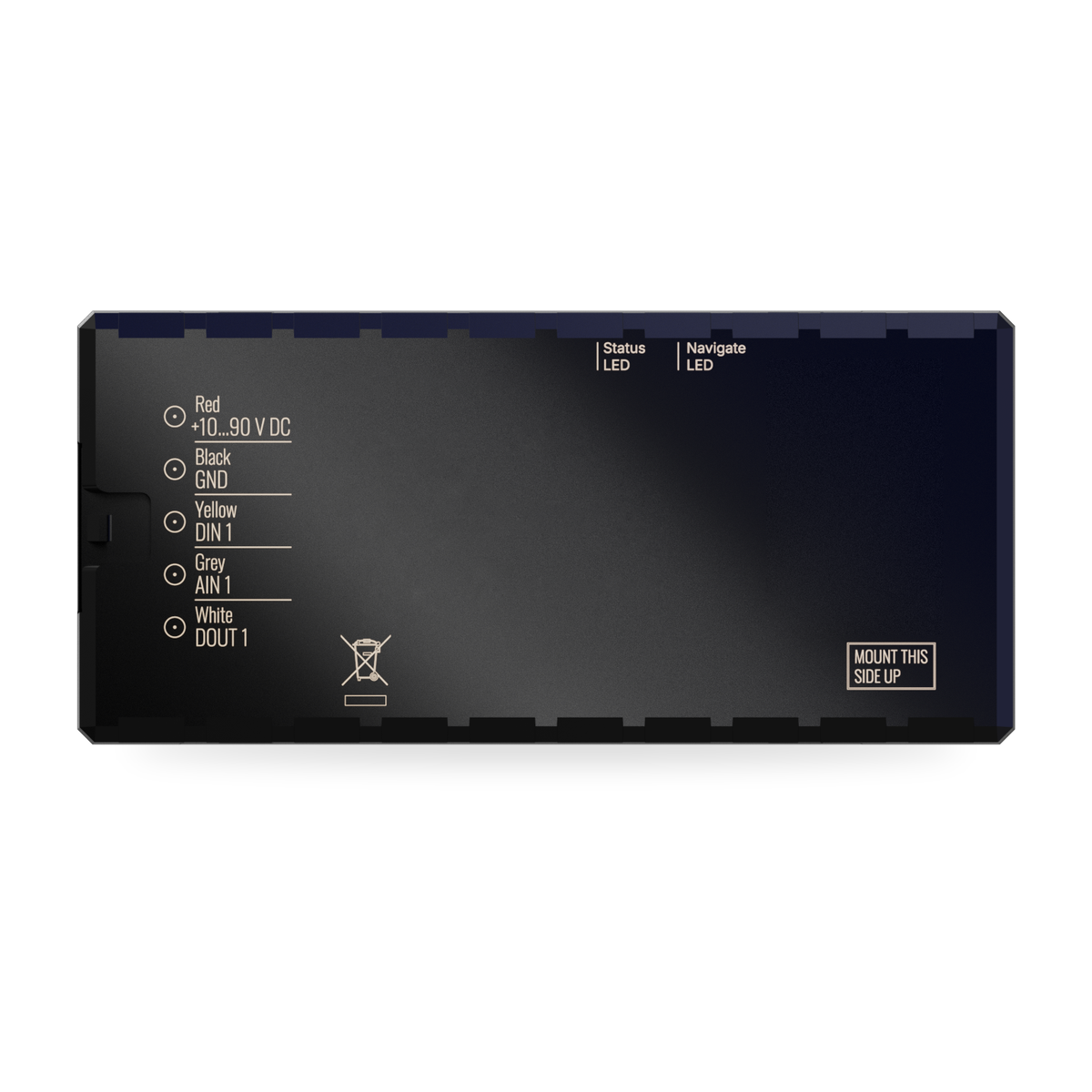 CT-V06 hardwired vehicle tracker — straight-on view of the label face with wire colours and status LEDs