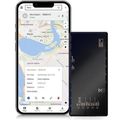 CT-V06 hardwired vehicle tracker beside the Open Platform live map on a phone
