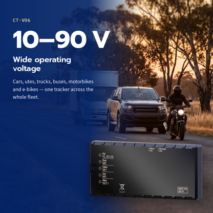 CT-V06 hardwired vehicle tracker — 10 to 90 volt operating range over a ute, truck and motorcycle on a country road
