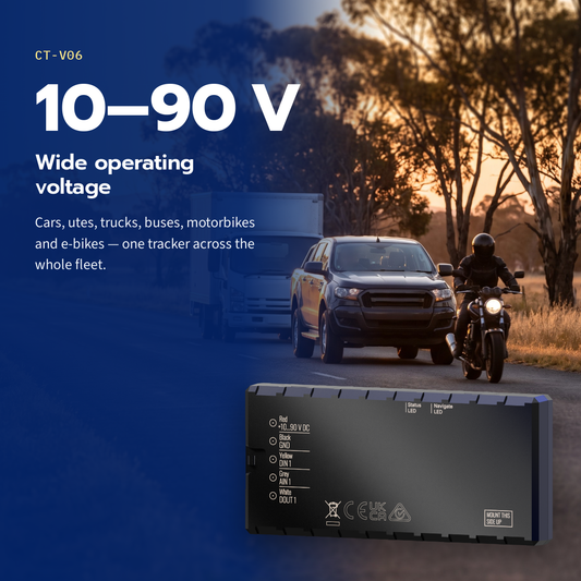 CT-V06 hardwired vehicle tracker — 10 to 90 volt operating range over a ute, truck and motorcycle on a country road