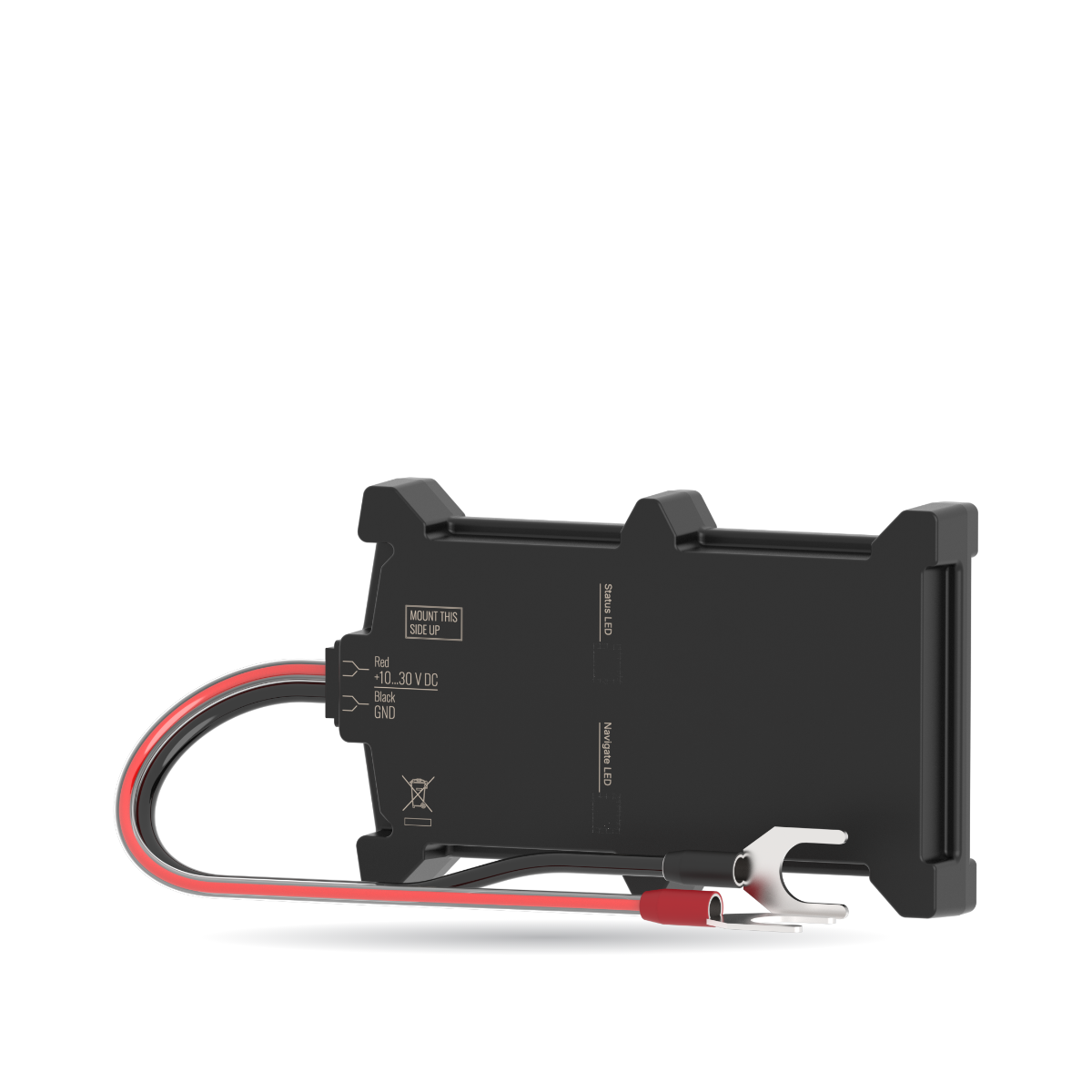 CT-V09 battery-mount tracker — angled view of the slim case, power lead and fork terminals