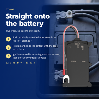 CT-V09 battery-mount tracker — three steps: fork terminals, tape on its back, ignition set up for your vehicle’s voltage