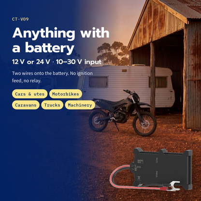 CT-V09 battery-mount tracker — 12 V or 24 V for cars, utes, motorbikes, caravans, trucks and machinery