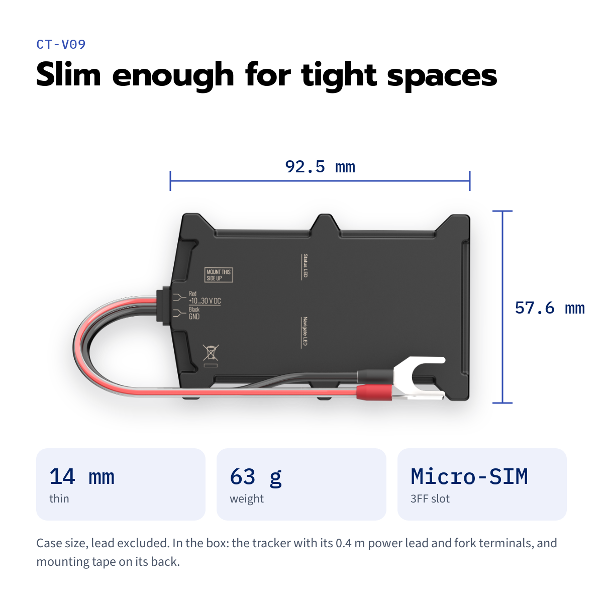 CT-V09 battery-mount tracker — case marked 92.5 × 57.6 mm, 14 mm thin, 63 g, Micro-SIM slot