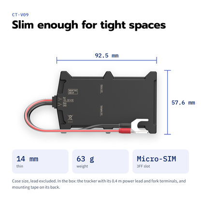CT-V09 battery-mount tracker — case marked 92.5 × 57.6 mm, 14 mm thin, 63 g, Micro-SIM slot